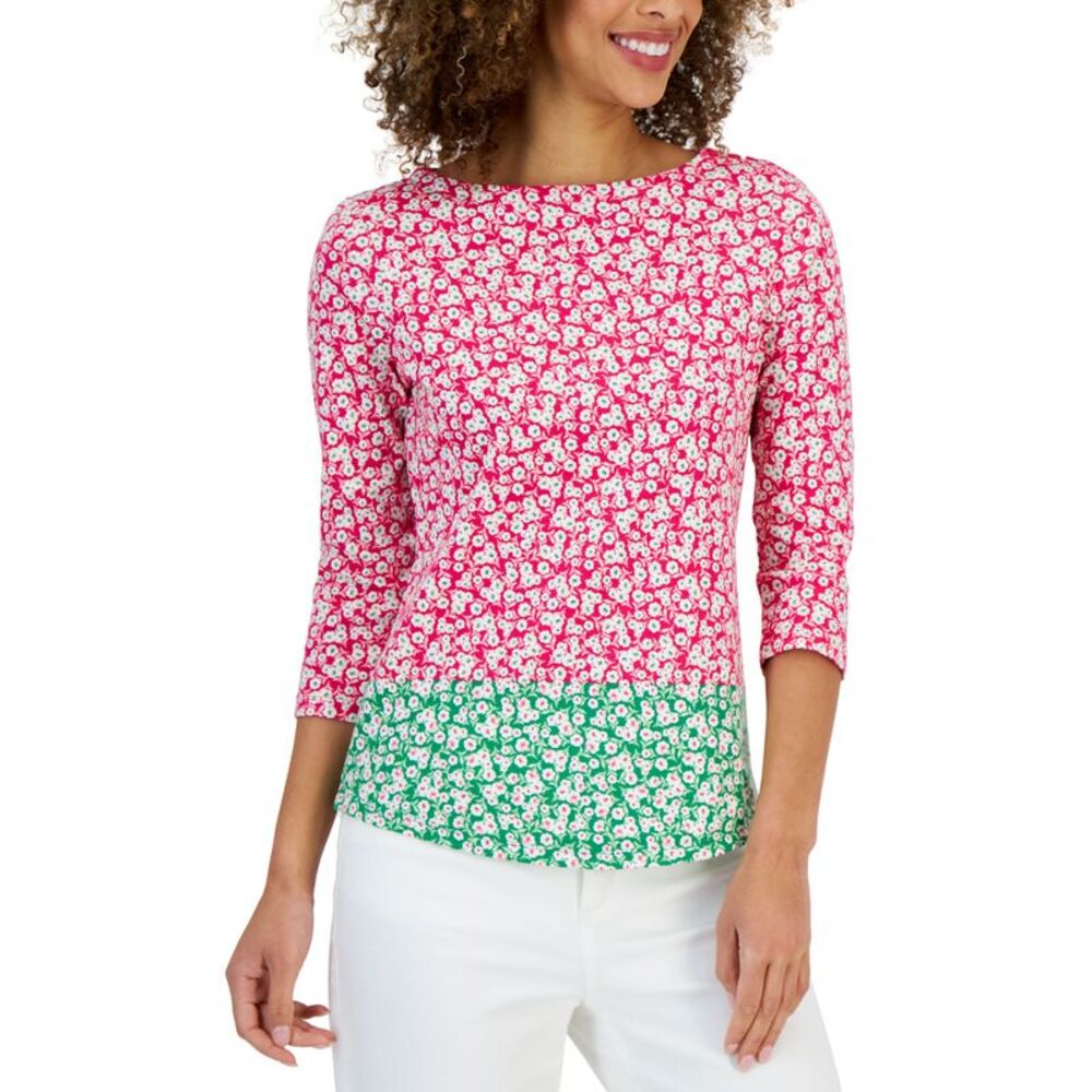 Charter Club Petite Cotton Colorblocked Mel Bloom Print Top
